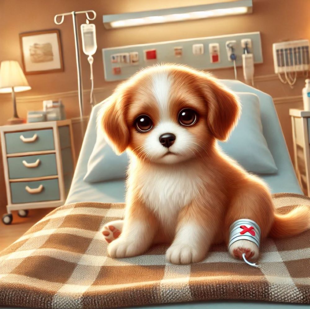 병실에 입원해 침대에 앉아서 앞을 응시하고있는 강아지 사진