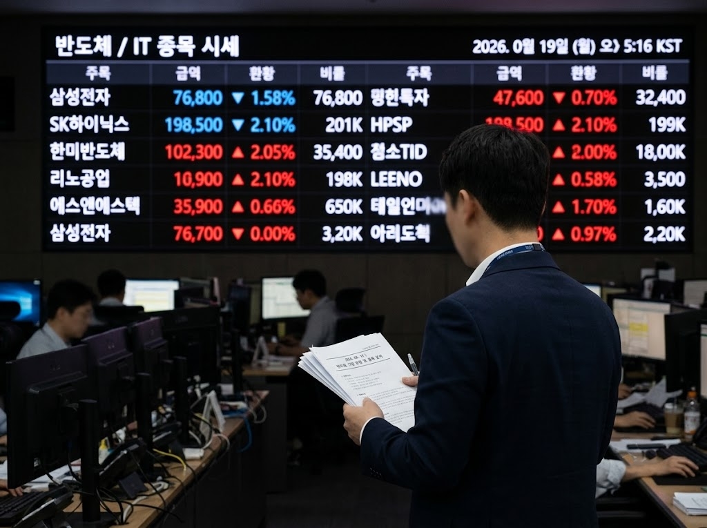 SK하이닉스 자사주 소각 공시를 확인하는 증권사 딜링룸 전광판 이미지