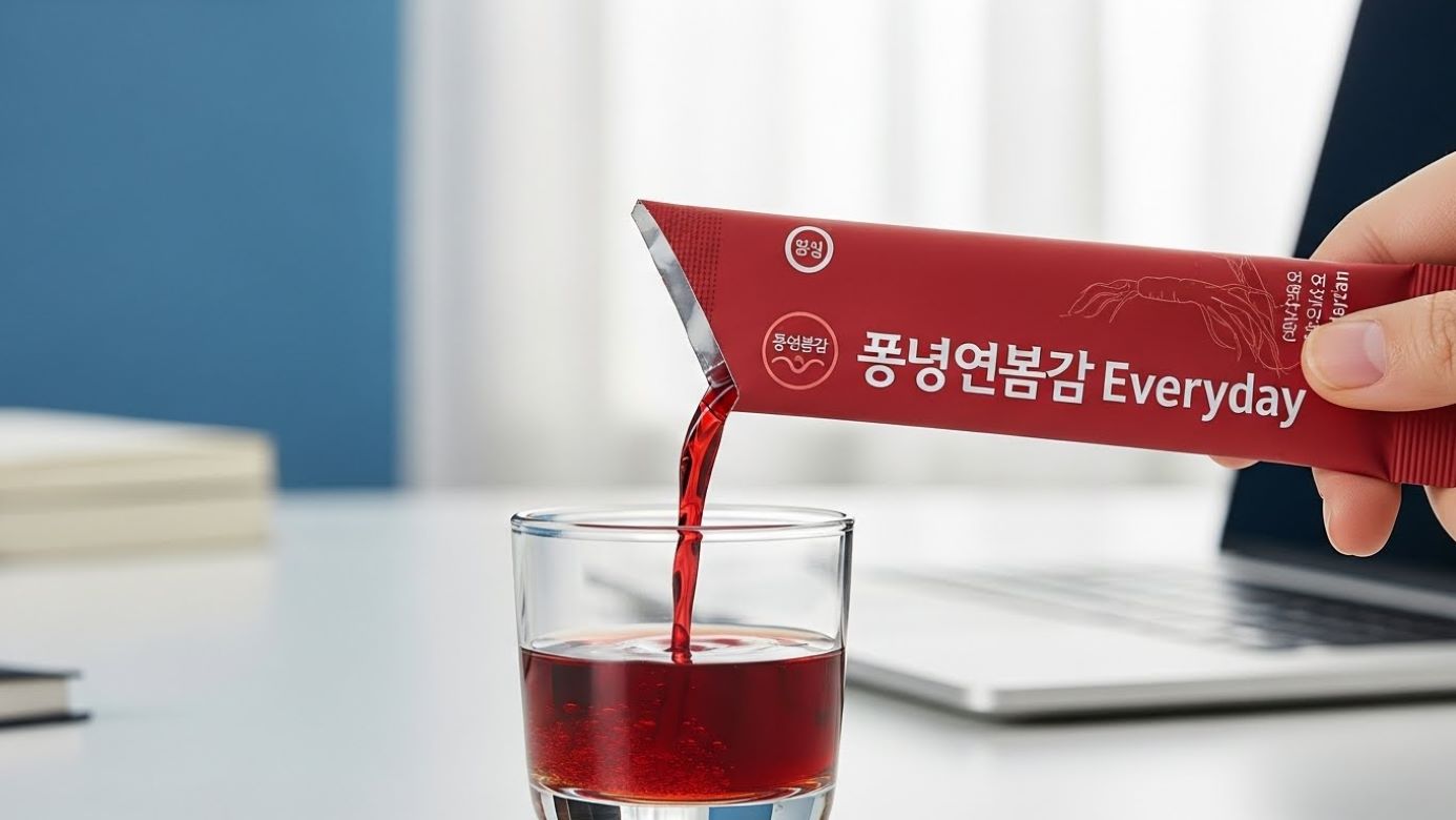 풍년보감 에브리데이' 홍삼 스틱을 짜서 작은 현대적인 잔에 진한 붉은 액체가 흘러나오는 모습이 담긴 오픈 패킷입니다.