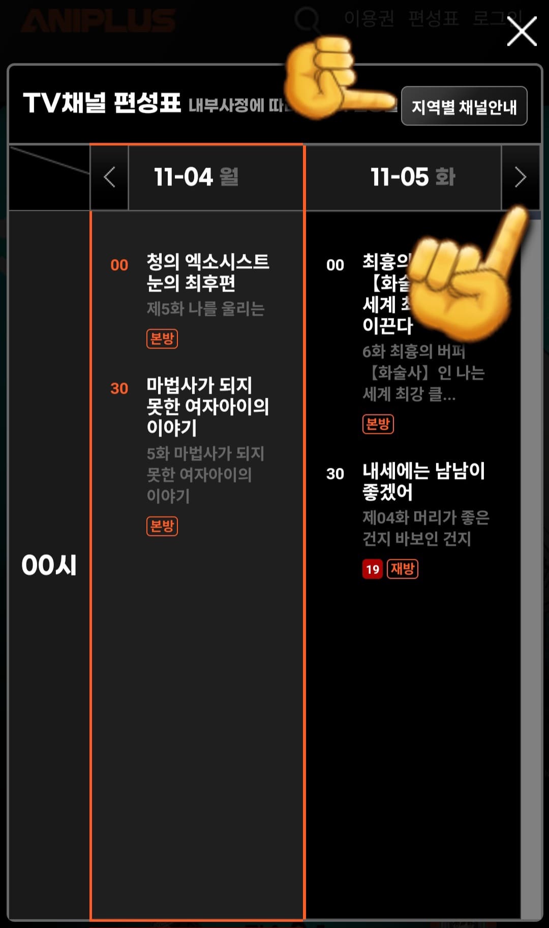 애니플러스-편성표-및-채널번호-확인하는-법-TV채널-편성표를-클릭하면-시간대별로-편성시간과-애니메이션-명을-확인할-수-있습니다.