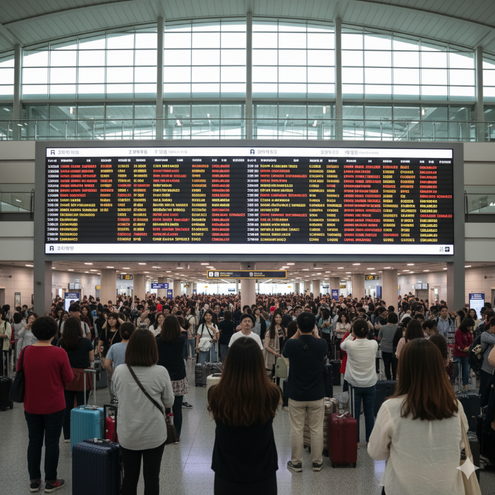 공항 전광판, 지연/결항 정보가 가득한 모습