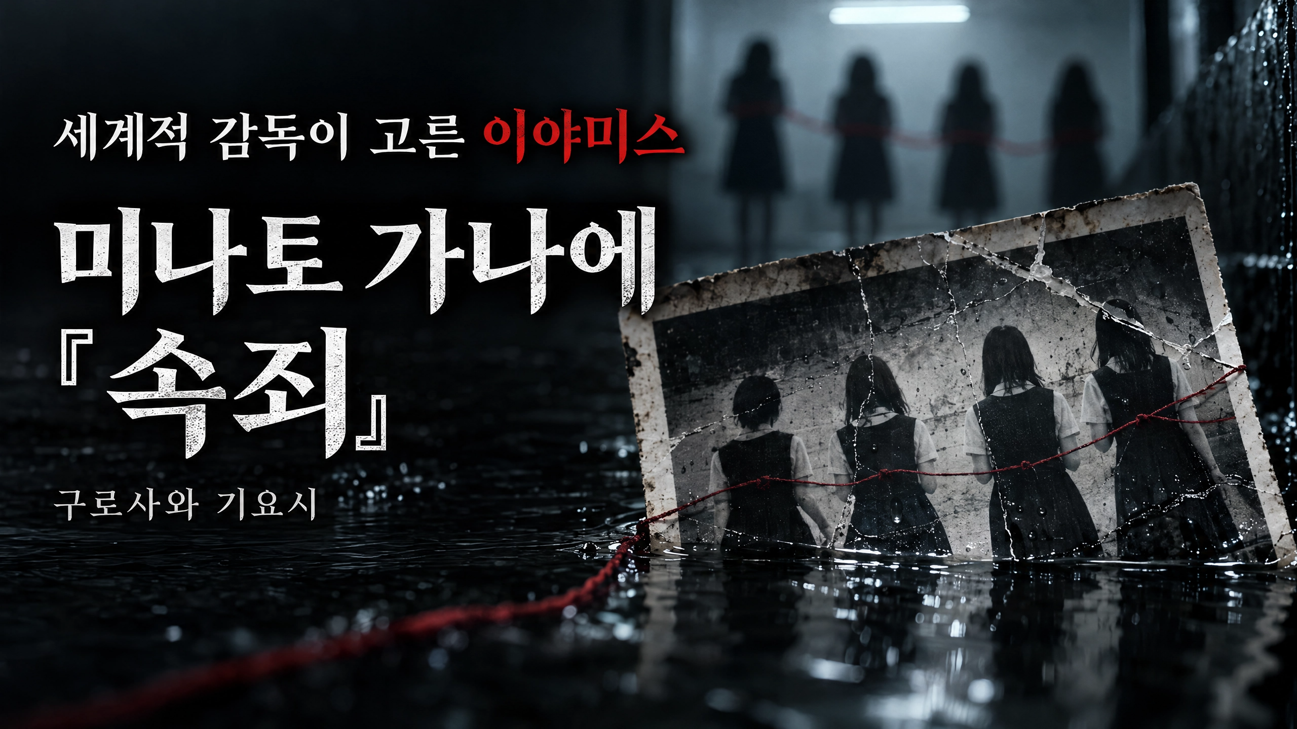 미나토 가나에 원작, 구로사와 기요시 감독의 이야미스 드라마 '속죄' 리뷰 포스트 썸네일 이미지. 네 소녀의 실루엣과 붉은 선이 얽힌 어두운 배경.