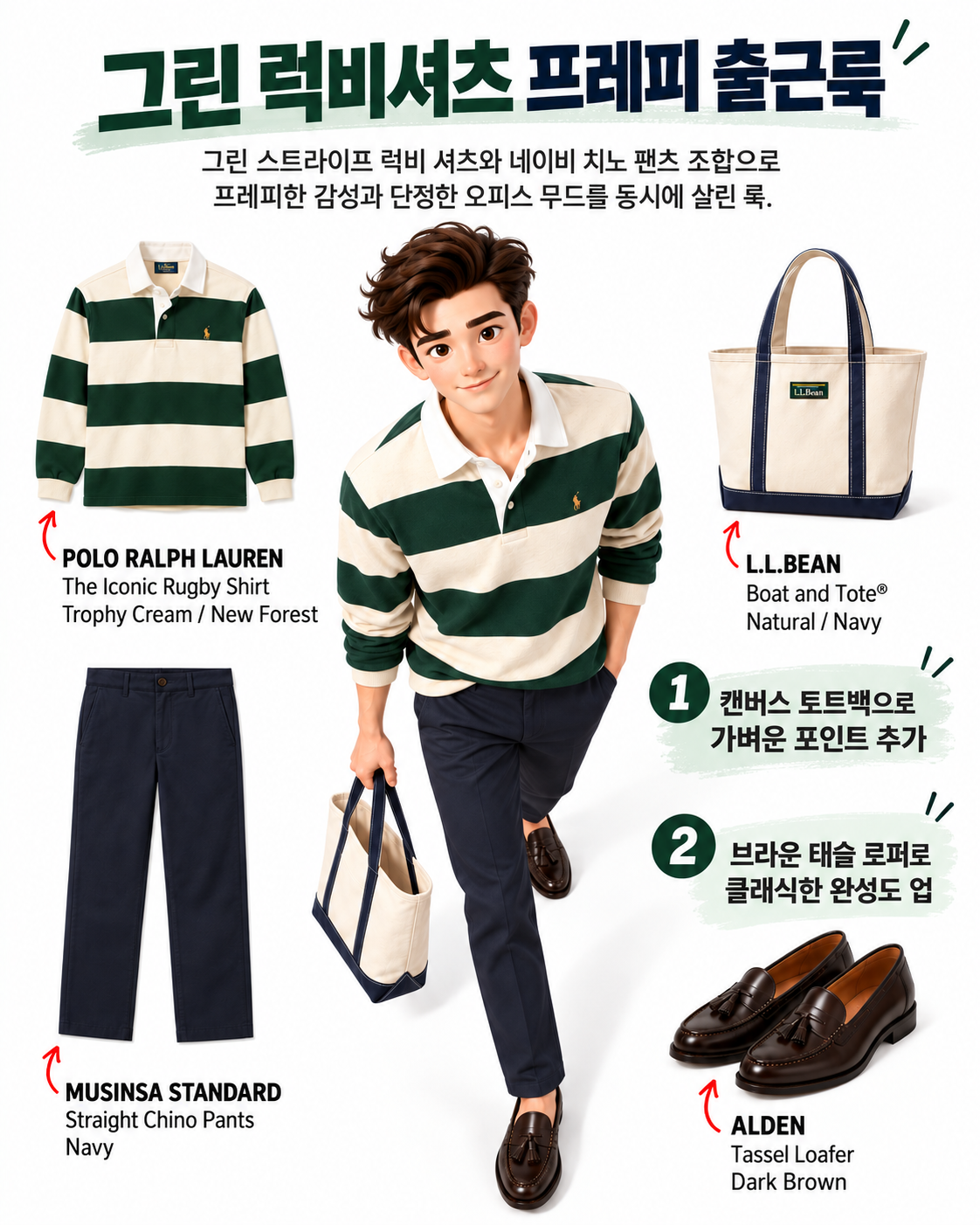크림 그린 폴로 럭비셔츠와 네이비 치노팬츠 코디