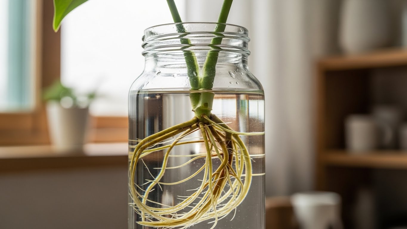 유리병에서 물꽂이한 식물 줄기에서 새 뿌리가 자라는 모습