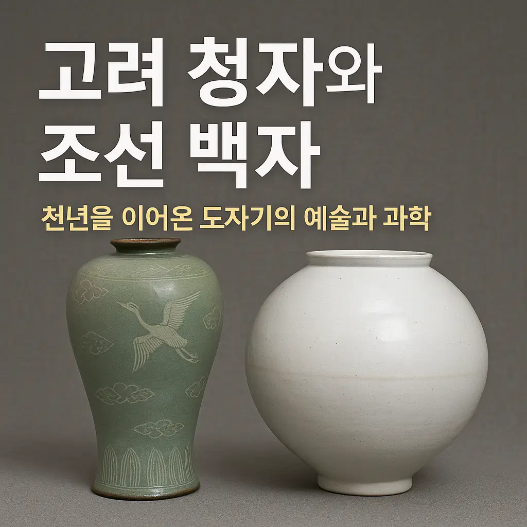 고려 청자와 조선 백자를 나란히 배치한 썸네일 – 비취색 매병과 순백의 달항아리