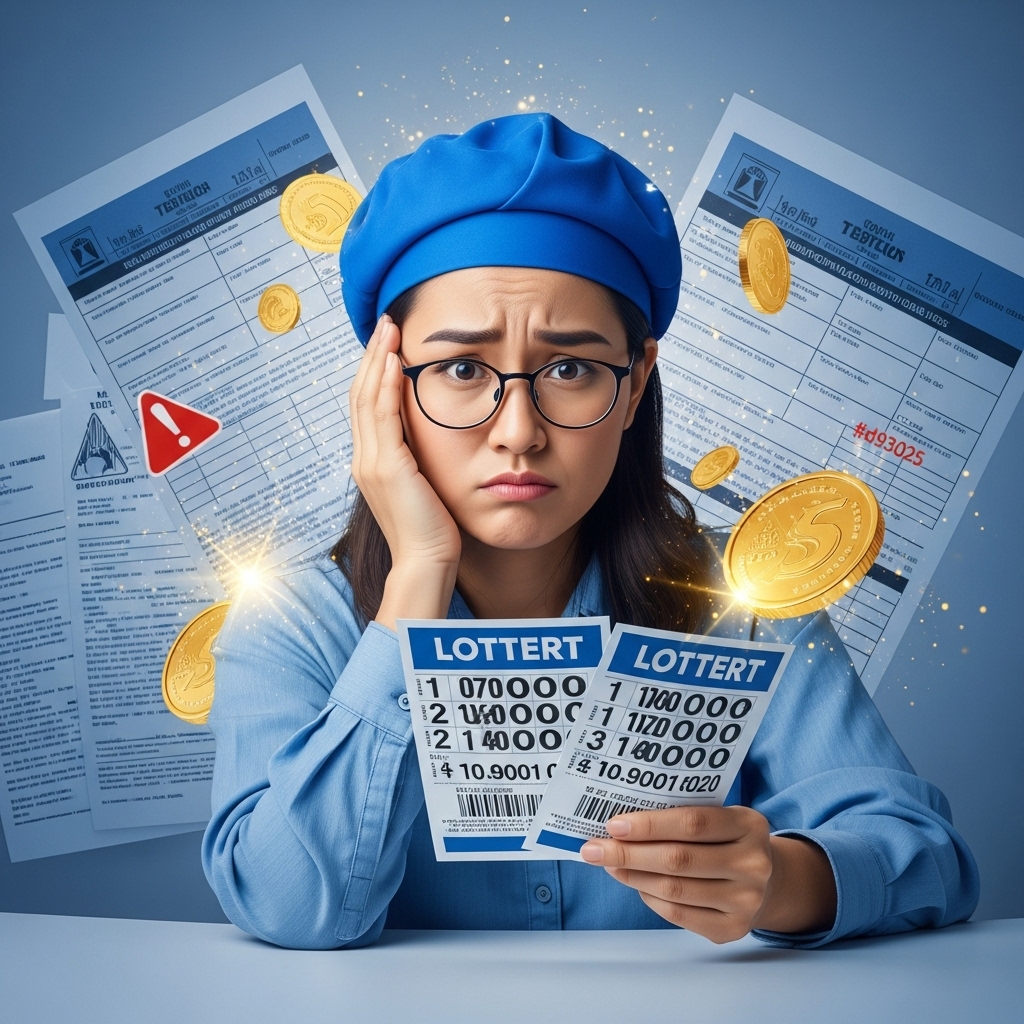 로또 1등 당첨 후 기쁨과 함께 세금 문제로 고민하는 사람의 모습, 복권과 세금 서류가 함께 보이는 이미지