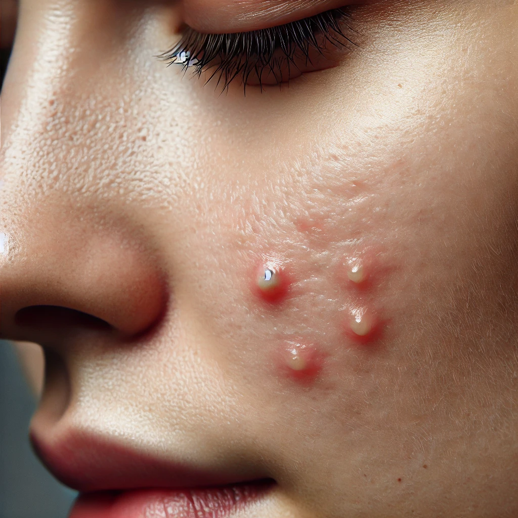 피부에 여드름,큰모공,흉터 등 요철이 있는 모습