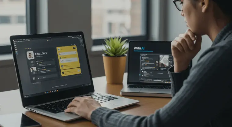 두대의 노트북 화면을 켜놓고 ChatGPT와 뤼튼 AI를 비교하며 사용하는 사용자.