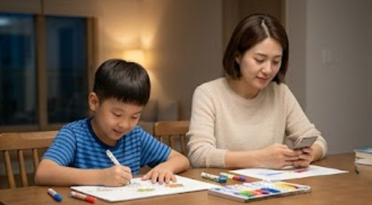 아이가 그림을 그리고, 엄마는 스마트폰만 들여다 봄