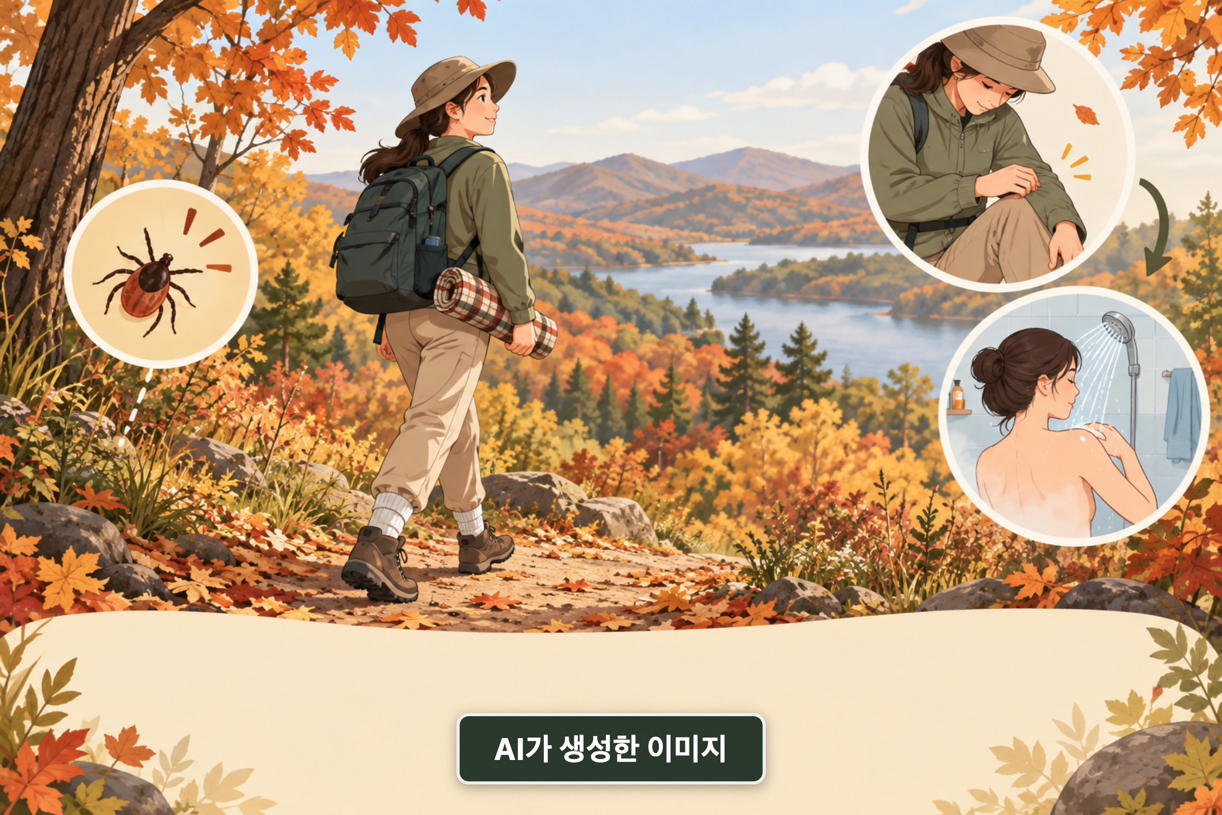 가을 숲길에서 긴소매와 긴바지를 착용해 진드기 물림을 예방하는 야외활동 일러스트