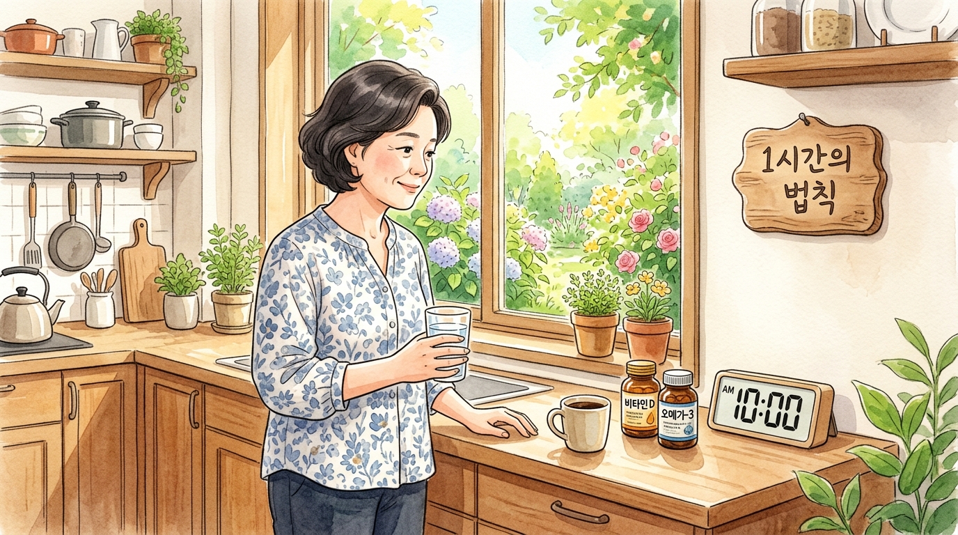 골다공증 예방을 위해 커피와 영양제를 1시간 간격을 두고 먹는 중년 여성의 모습.