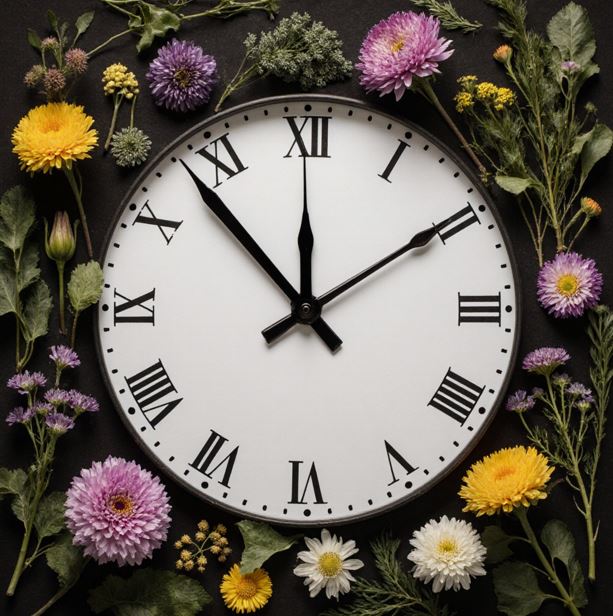 시계 바늘이 현재 순간에 멈춰있는 이미지로 시계 주변에 꽃들이 함께 배치되어 있다.