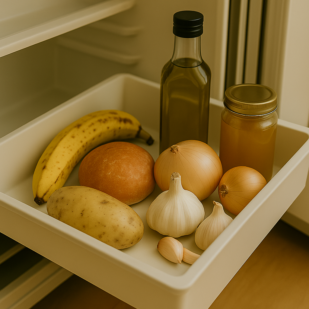 냉장고 문이 열린 채로 감자, 마늘, 빵, 양파, 바나나가 놓여 있는 모습. 냉장 보관이 부적절한 식품들의 실사 장면