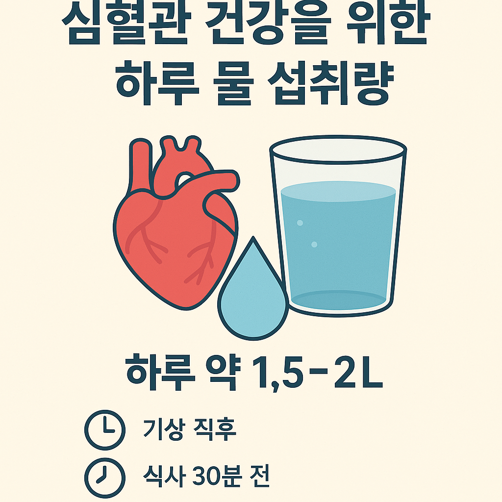 심혈관 건강을 위한 하루 물 섭취량과 수분 루틴을 설명한 인포그래픽 이미지