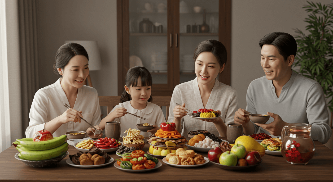 가족이 명절 음식을 준비하며 할인 혜택으로 알뜰하게 장만한 장면 1
