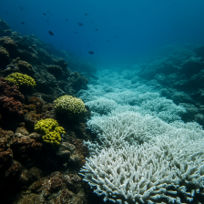 수중에서 촬영된 산호초 군락의 일부가 하얗게 변한 모습.