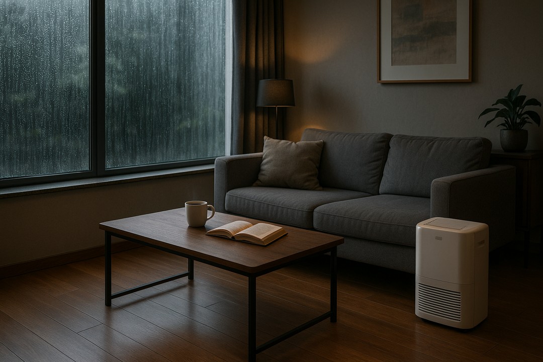 비 오는 날 실내에서 작동 중인 제습기