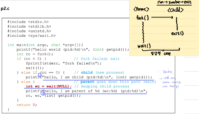 부모 프로세스가 wait()로 자식 reap