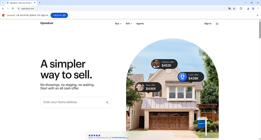 오프라인 방문 없는 온라인 기반 주택 매매 플랫폼 오픈도어(Opendoor) 메인 화면