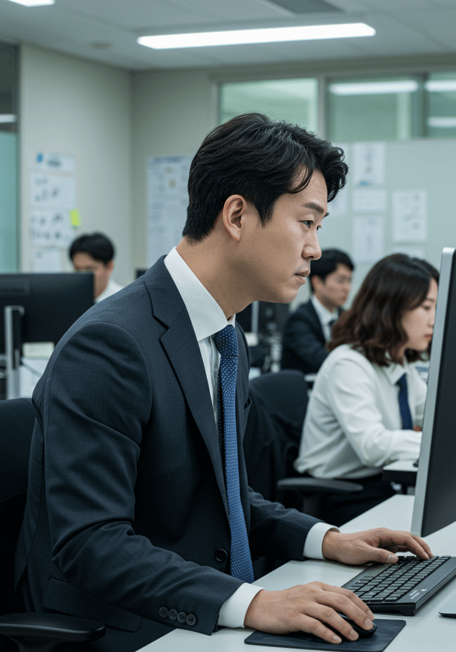 한국 30대 남성이 넥타이 정장을 입고 한국 사무실에서 모니터를 응시하며 목이 앞으로 굽은 거북목 자세로 작업하는 모습, 배경에는 동료들이 근무 중.