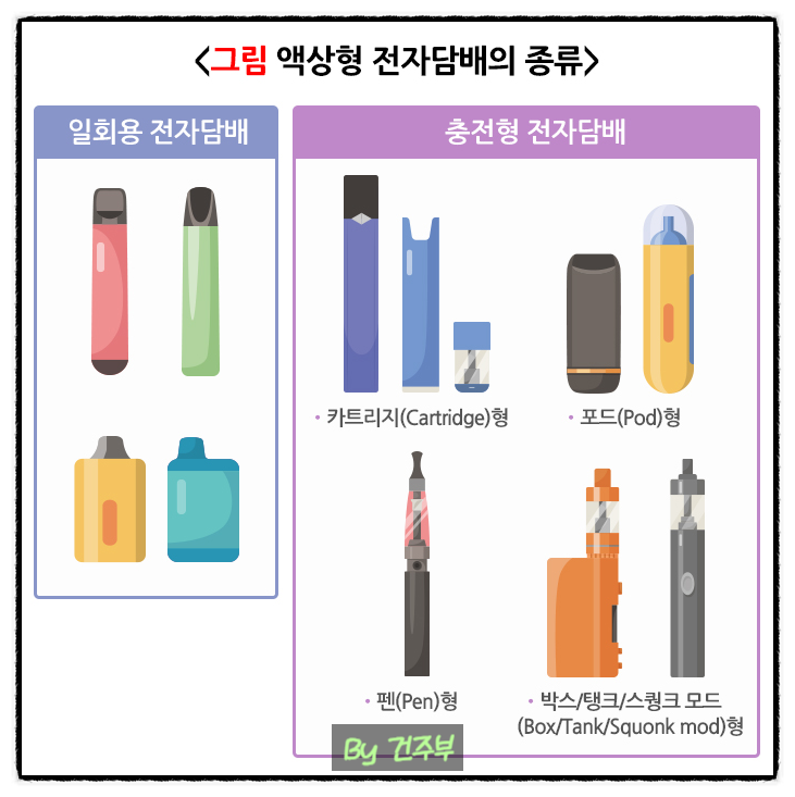 액상형 전자담배 종류와 건강에 미치는 영향

(글 그림 : 건주부, 그림 출처 : Canva)