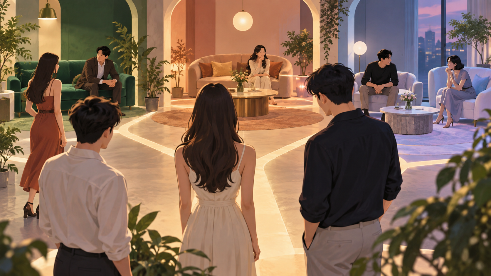 첫 연애의 선택 앞에서 서로 대화하는 성인 참가자들 일러스트
