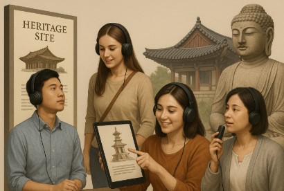 전통 건축물과 불상 앞에서 오디오 가이드, 태블릿, 패널 등을 활용해 유산 해설 콘텐츠를 체험하는 사람들