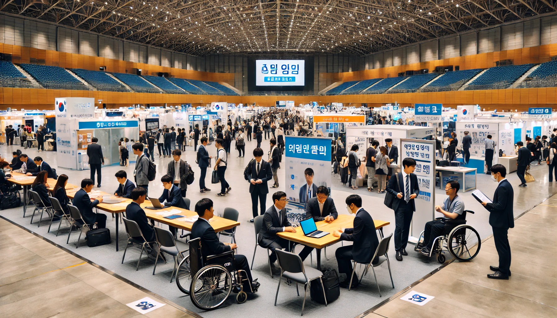 2025년 장애인 취업박람회 현장, 다양한 기업 부스와 구직자들이 활발히 소통하는 모습