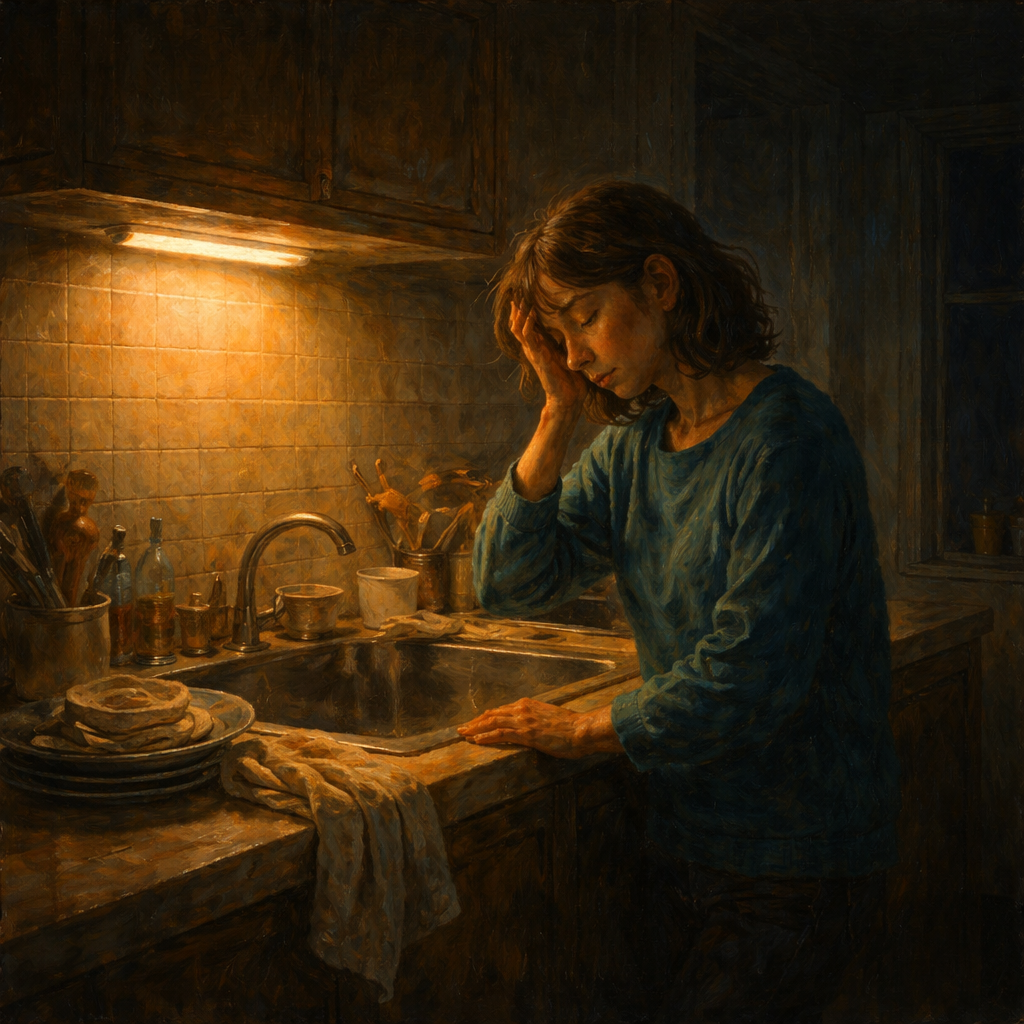 늦은 밤 조명이 켜진 주방에서 설거지 앞에 선 여성이 머리를 짚고 쉬고 있다. 반복되는 집안일과 보이지 않는 돌봄 노동 속에서 누적된 고립과 침묵을 상징하는 유화 스타일 그림.