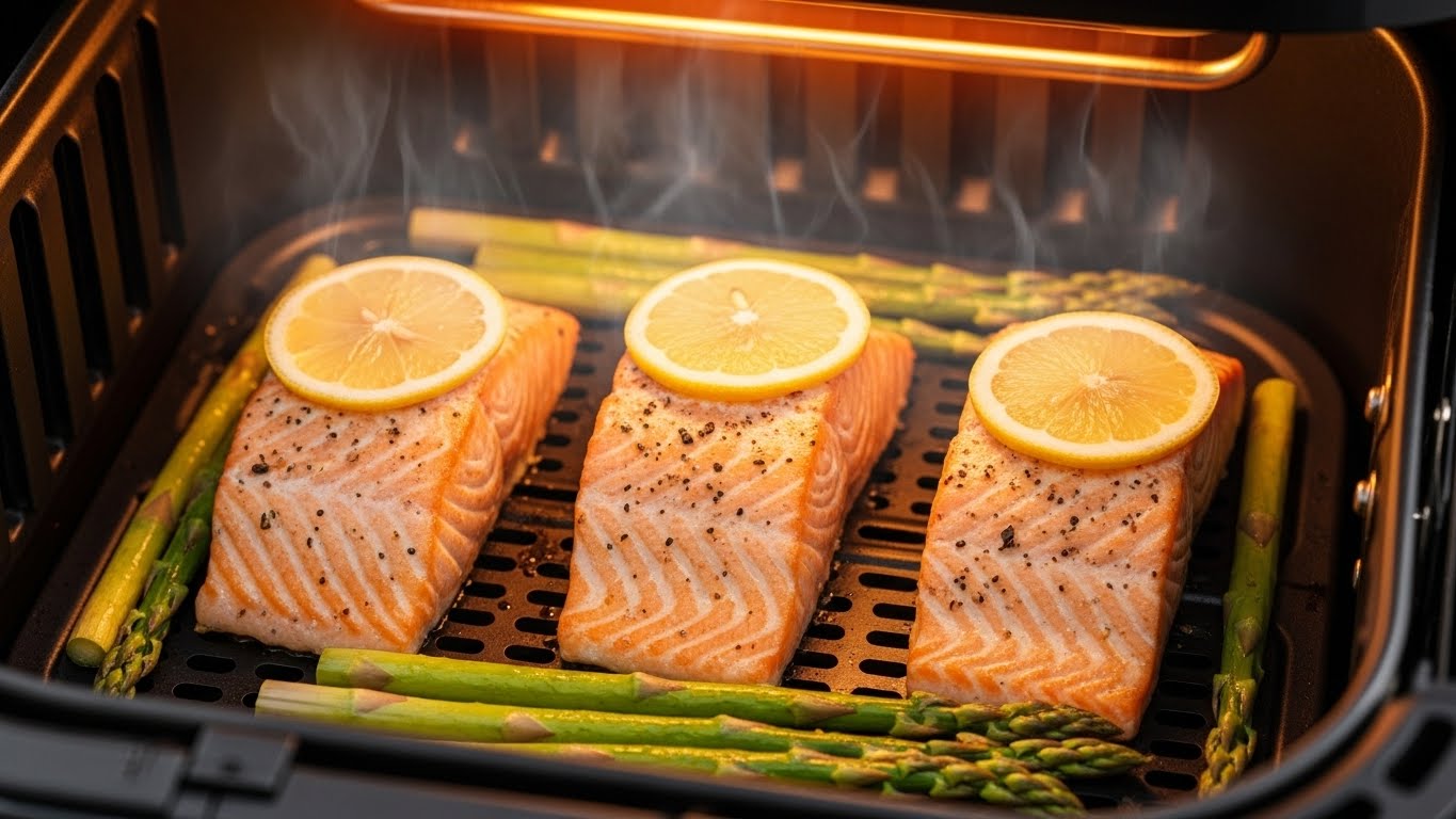 에어프라이어 바스켓 안에서 조리되고 있는 먹음직스러운 연어와 아스파라거스.