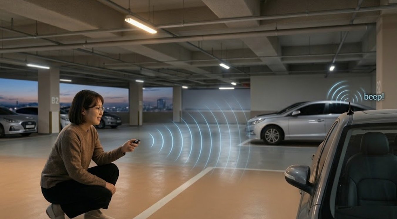 지하 주차장에서 리모컨 차 키의 RF 전파 신호를 이용해 자동차를 찾는 모습