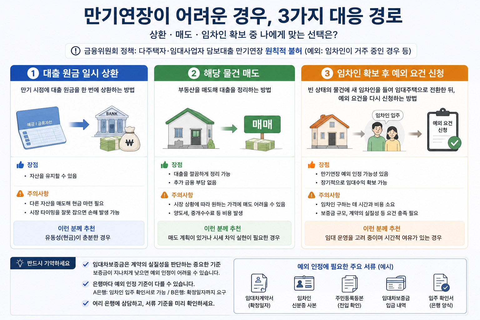 만기연장이 어려운 경우 상환, 매도, 임차인 확보 세 가지 대응 경로를 정리한 그림