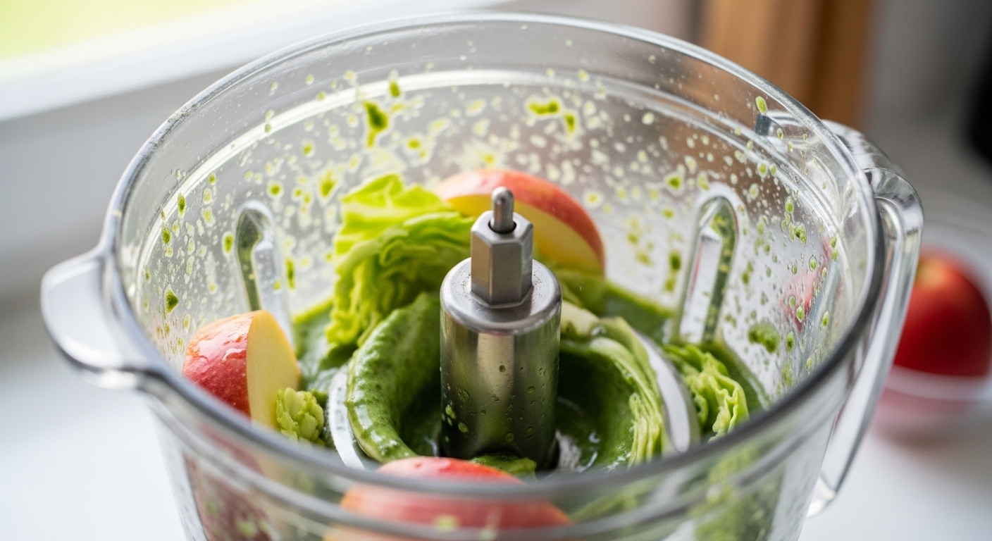 블렌더 안에서 양배추와 사과가 갈려 신선한 즙이 만들어지고 있습니다. 건강한 음료 제조 과정을 보여줍니다.