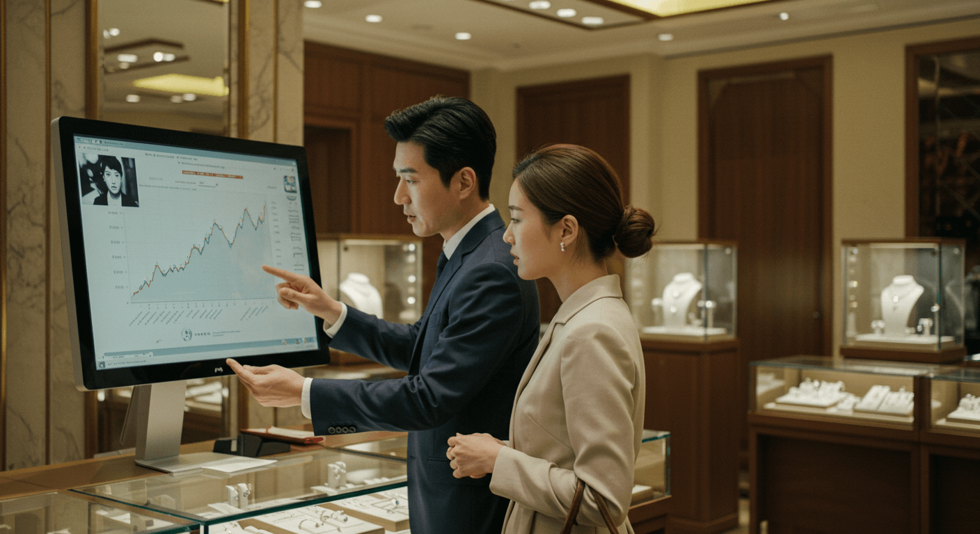한국인 커플이 보석 매장에서 다이아 가격 차트를 확인하는 장면 2