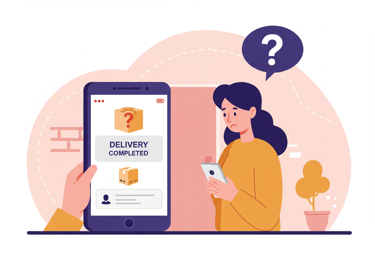 배송 완료 사진은 있지만 실제로 물건이 없는 상황에서 당황하는 소비자 일러스트