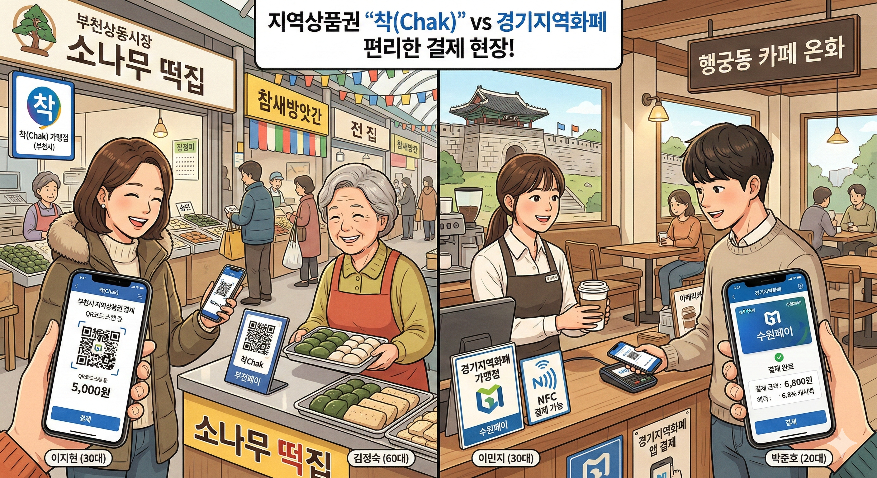 지역상품권 '착(Chak)' 앱과 경기지역화폐 앱을 활용해 결제하는 모습