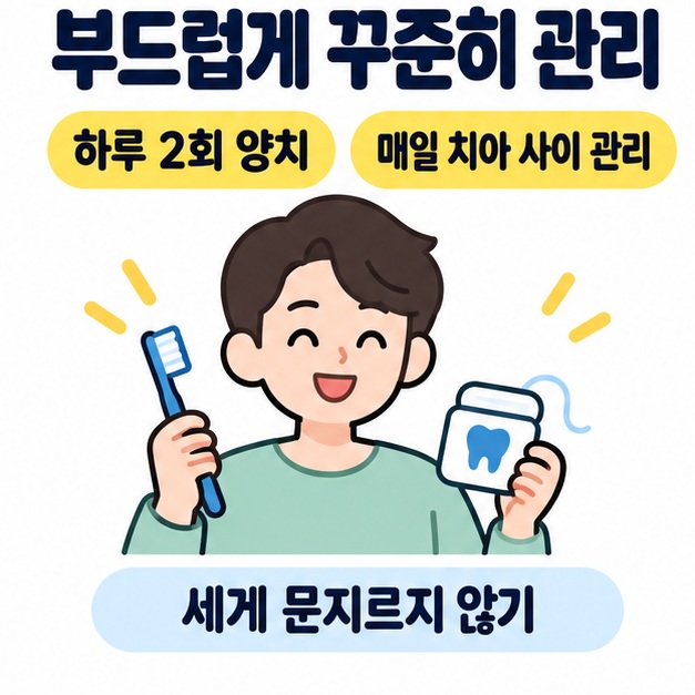 칫솔과 치실을 든 인물 옆에 하루 2회 양치와 매일 치아 사이 관리 및 세게 문지르지 않기라는 문구를 표시한 그림