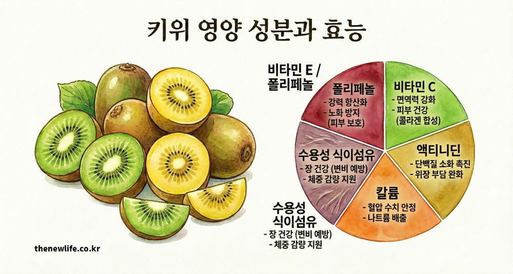 키위 효능을 만들어내는 다양한 핵심 영양 성분들의 구성표를 시각적으로 설명하는 이미지