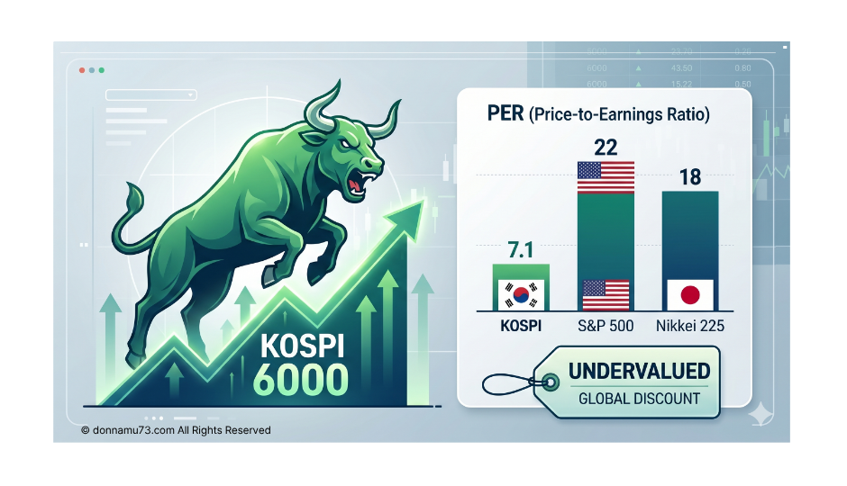 "코스피(KOSPI)의 저평가 상태를 글로벌 증시와 비교한 인포그래픽. 좌측에는 초록색 황소가 'KOSPI 6000'을 향해 상승하는 차트가 그려져 있고, 'UNDERVALUED GLOBAL DISCOUNT' 태그가 붙어 있습니다. 우측 상단 막대그래프는 국가별 PER을 비교하며 코스피(7.1), 미국 S&amp;P 500(22), 일본 니케이 225(18)의 수치를 보여줍니다. 하단에는 기업 이익 성장(Earnings Growth)과 주가(Stock Price) 아이콘이 배치된 금융 분석 이미지입니다."