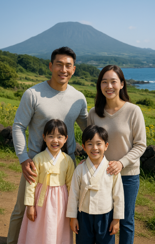 단양에서 자연 풍경을 배경으로 기념사진 찍고 있는 가족