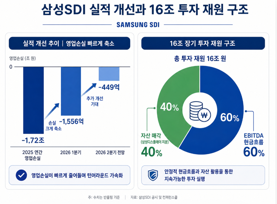 삼성SDI의 2026년 분기별 적자 축소 흐름과 16조 원 대규모 투자금의 단계적 자금 조달 분담 비율을 요약한 인포그래픽