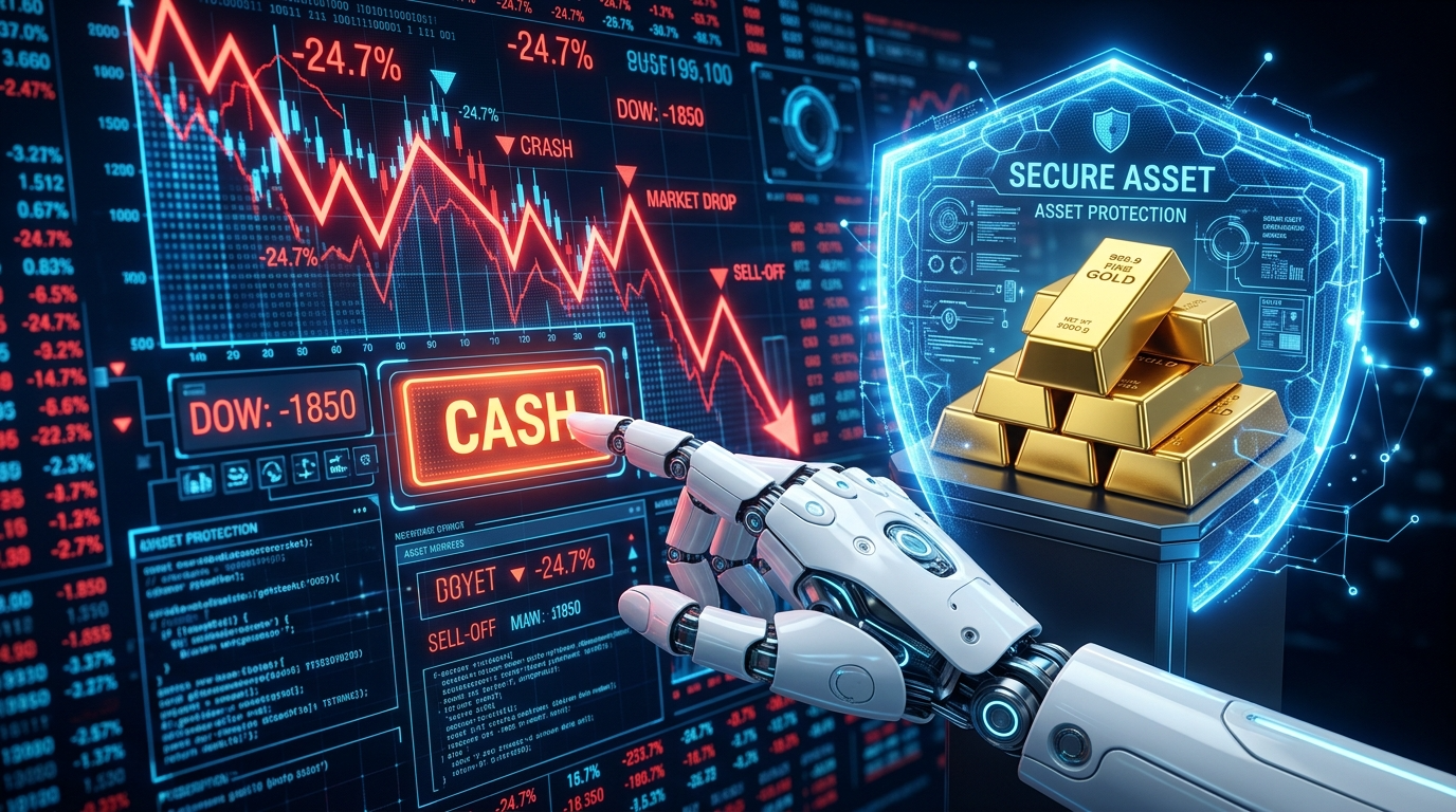 폭풍우가 몰려오는 차트 위에서 AI 로봇이 '현금화' 버튼을 눌러 자산을 안전한 방어막 안으로 옮기는 그래픽