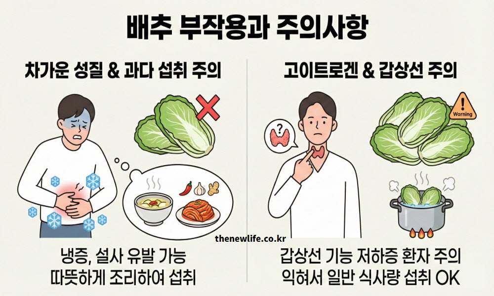 배추의 차가운 성질로 인한 복통 및 설사 주의, 갑상선 기능 저하증 환자의 고이트로겐 섭취 주의 등 배추 효능을 안전하게 누리기 위한 주의사항을 정리한 일러스트