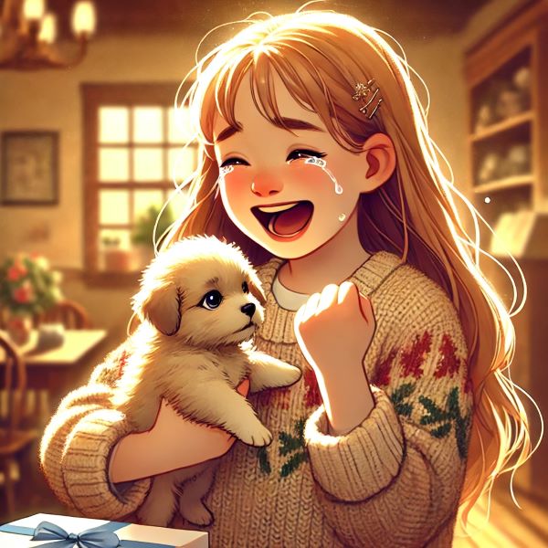 강아지를 선물 받고 기뻐서 눈물을 흘리는 소녀 사진