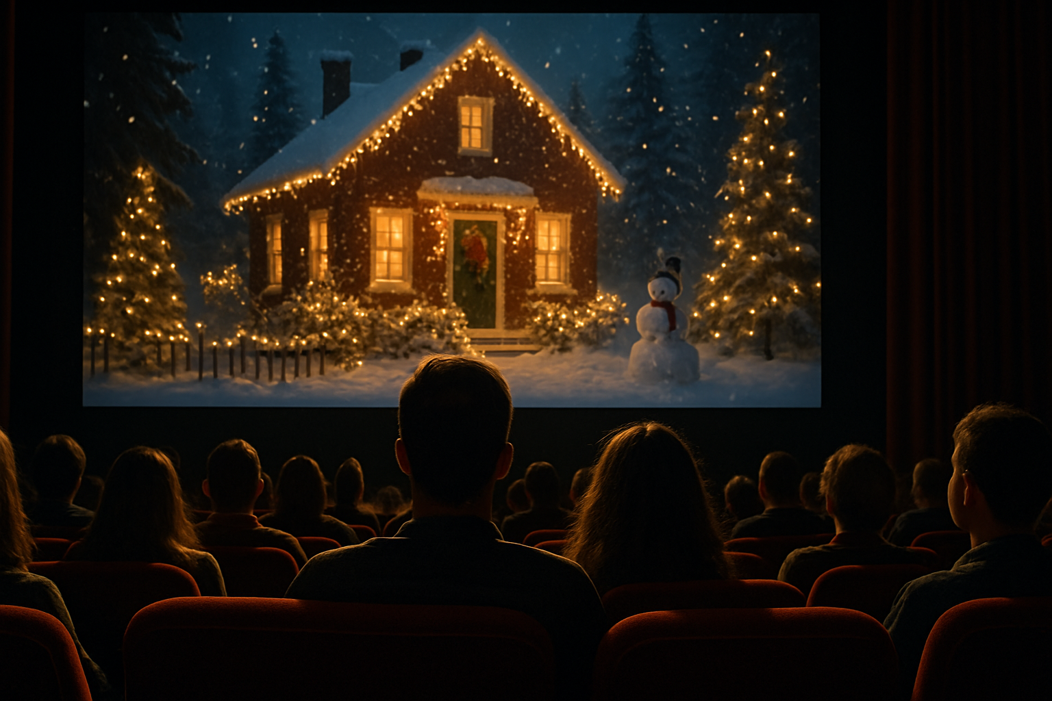 극장에서 크리스마스 영화를 보는 관객들
