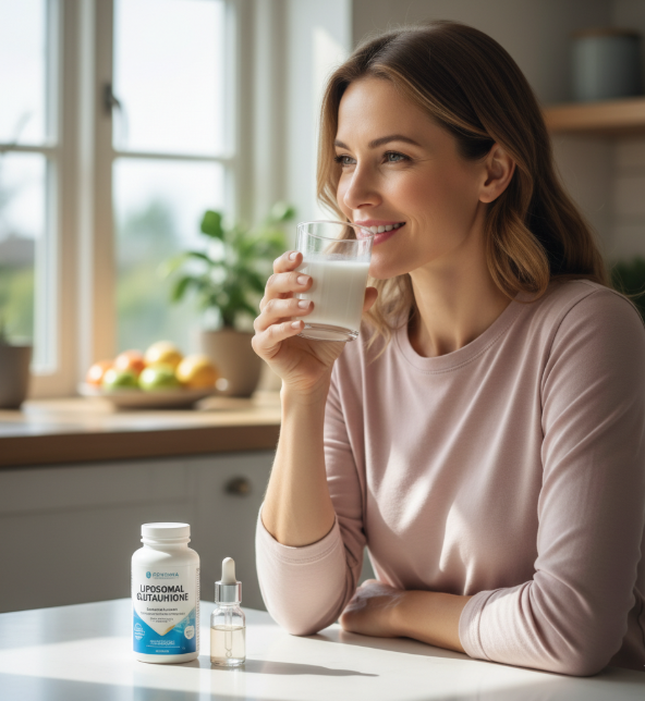 리포좀 글루타치온을 섭취하고 있는 여성