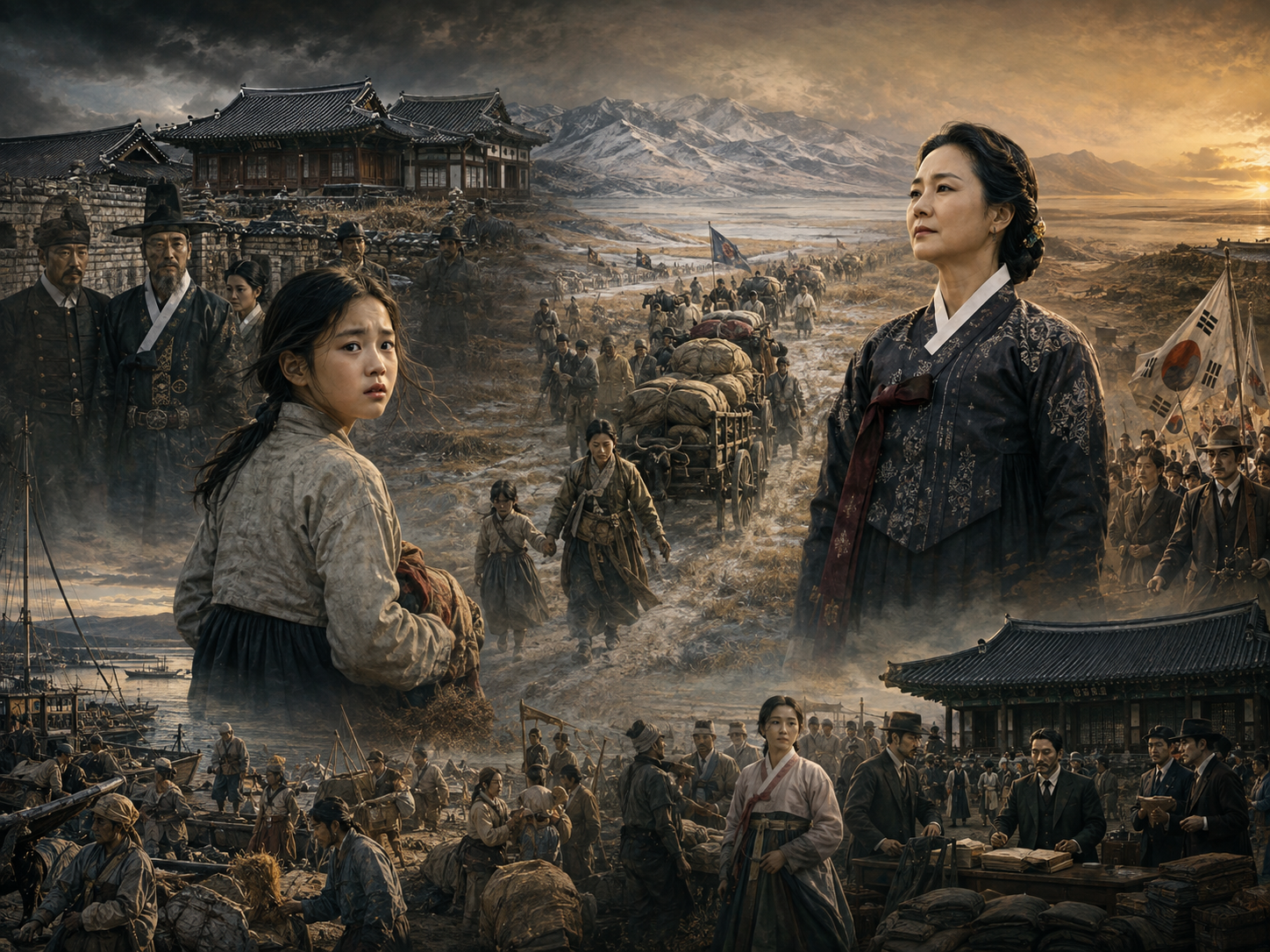 토지 요약: 어린 시절의 최서희와 성인이 된 최서희, 하동 평사리 최참판댁, 간도 이주 행렬과 광복의 태극기 물결이 파노라마처럼 어우러진 박경리 대하소설 토지 일러스트