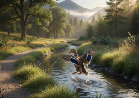 저 멀리서 열심히 날아온 오리가 타이밍 맞게 시냇물에 멋지게 착지하는 모습