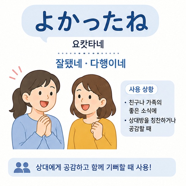 일본어 요캇타네가 상대방의 좋은 일을 함께 기뻐하며 잘됐네 또는 다행이네라는 의미로 사용되는 것을 설명한 이미지