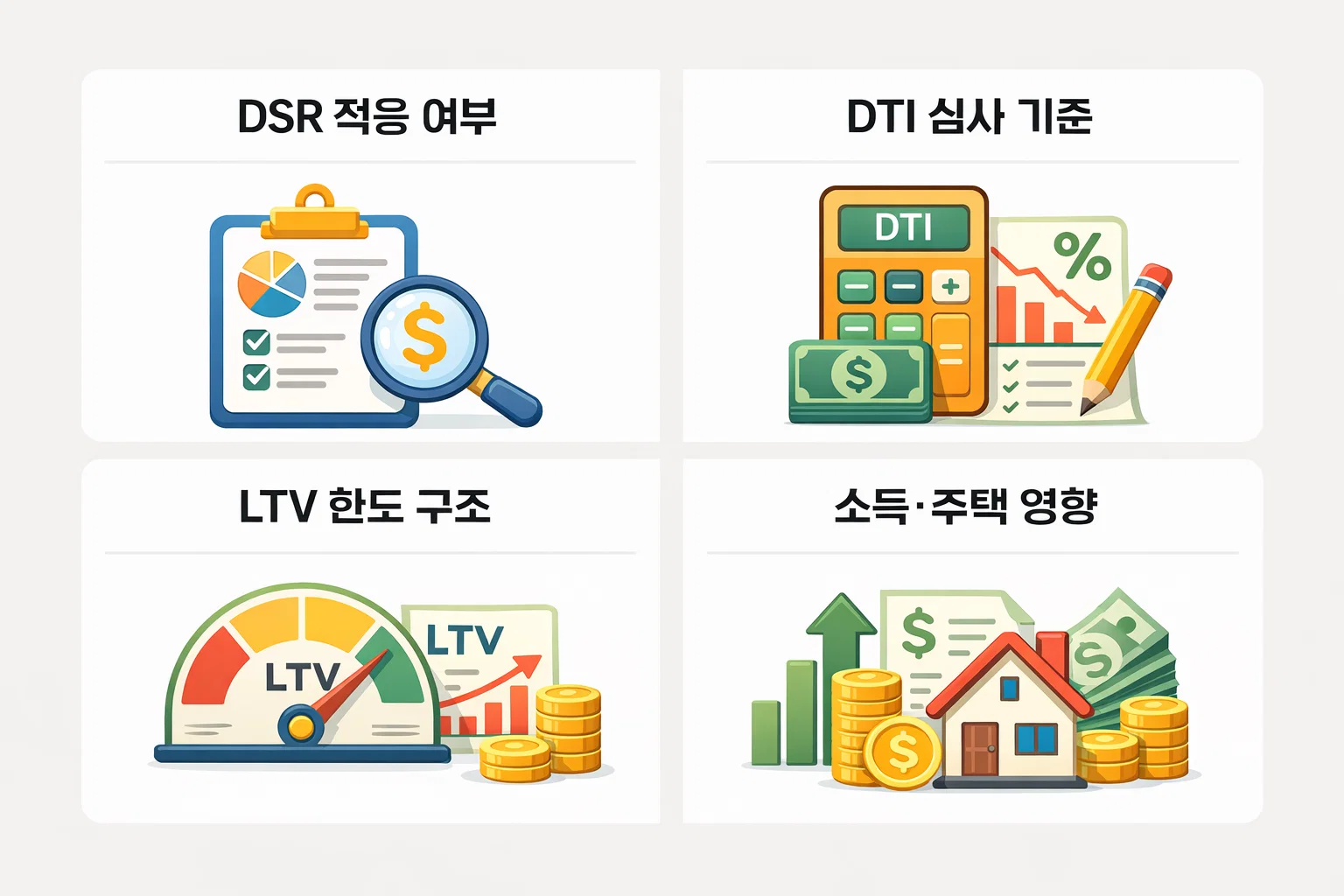 보금자리론 심사에서 적용되는 LTV 한도와 소득&middot;주택요건 영향 차이를 DSR과 DTI 심사 기준과 함께 비교한 구조 안내 이미지